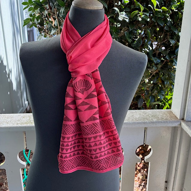 Ohe Kapala Silk Crepe Scarf in Salmon (not red) with the Mauna, Lehua and Lauhala