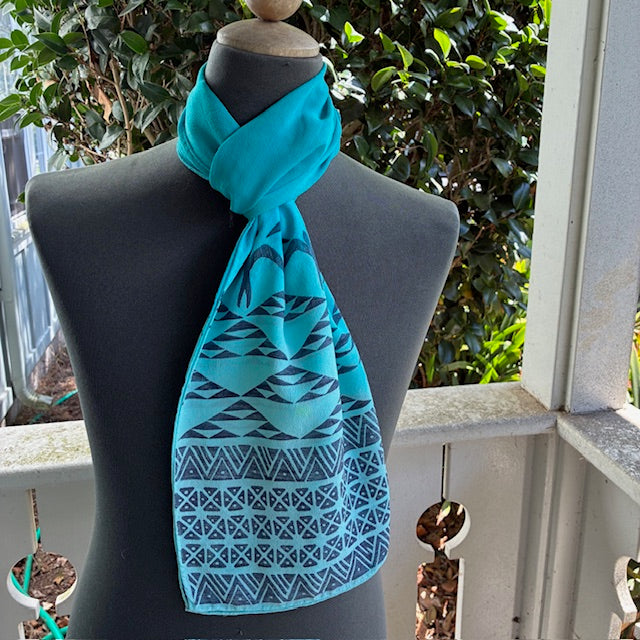Ohe Kapala Silk Crepe Scarf in Turquoise with the Mauna, 'Iwa and Lauhala