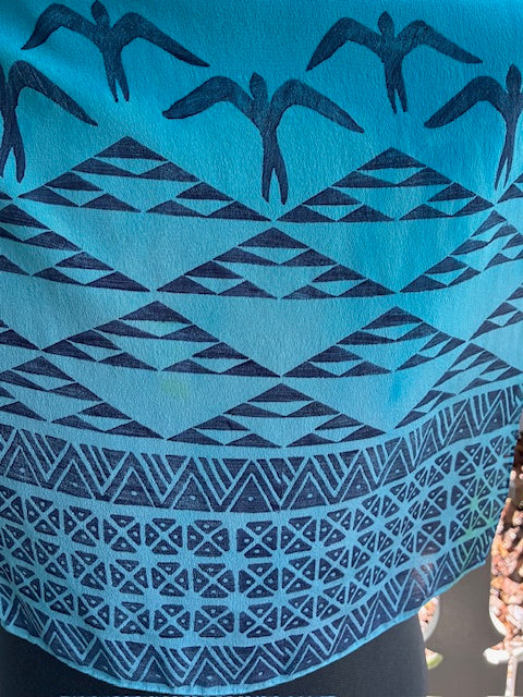 Ohe Kapala Silk Crepe Scarf in Turquoise with the Mauna, 'Iwa and Lauhala