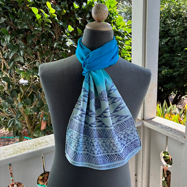 Ohe Kapala Silk Crepe Scarf in Cerulean Blue with the Mauna, Lehua and Lauhala