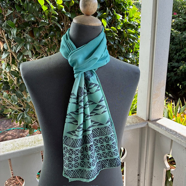 Ohe Kapala Silk Crepe Scarf in Light Teal Green with the Mauna, Lehua and Lauhala
