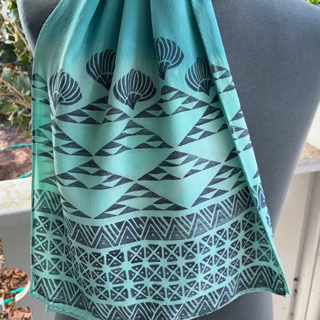 Ohe Kapala Silk Crepe Scarf in Light Teal Green with the Mauna, Lehua and Lauhala