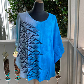 SIZE LARGE  Ohe Kapala Blouse in Caribbean Blue with Mauna and Lehua