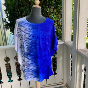 SIZE SMALL Ohe Kapala Blouse in Brilliant Blue with the Manua and Lehua