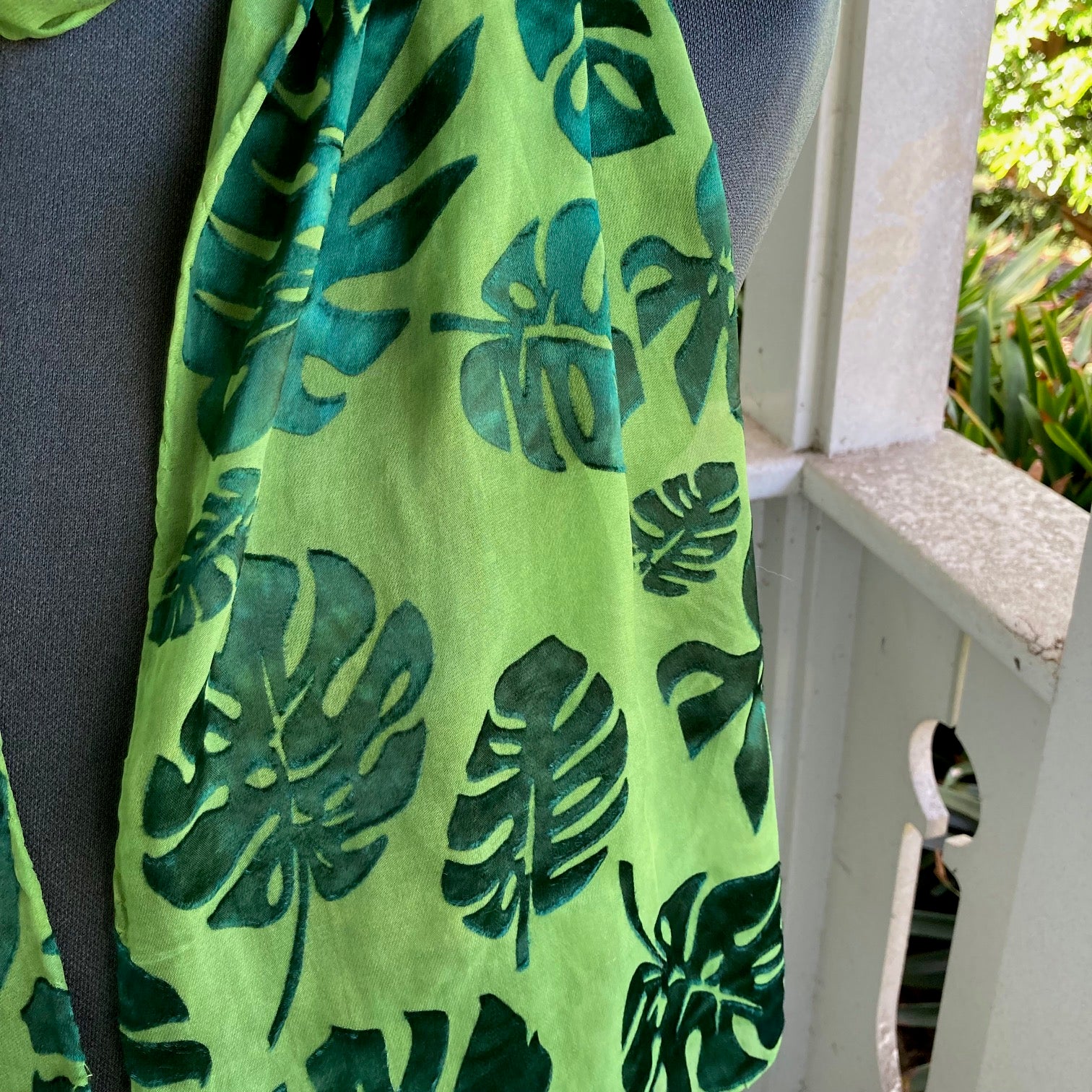 Devore Silk & Rayon Scarf in Emerald In the Monstera Pattern