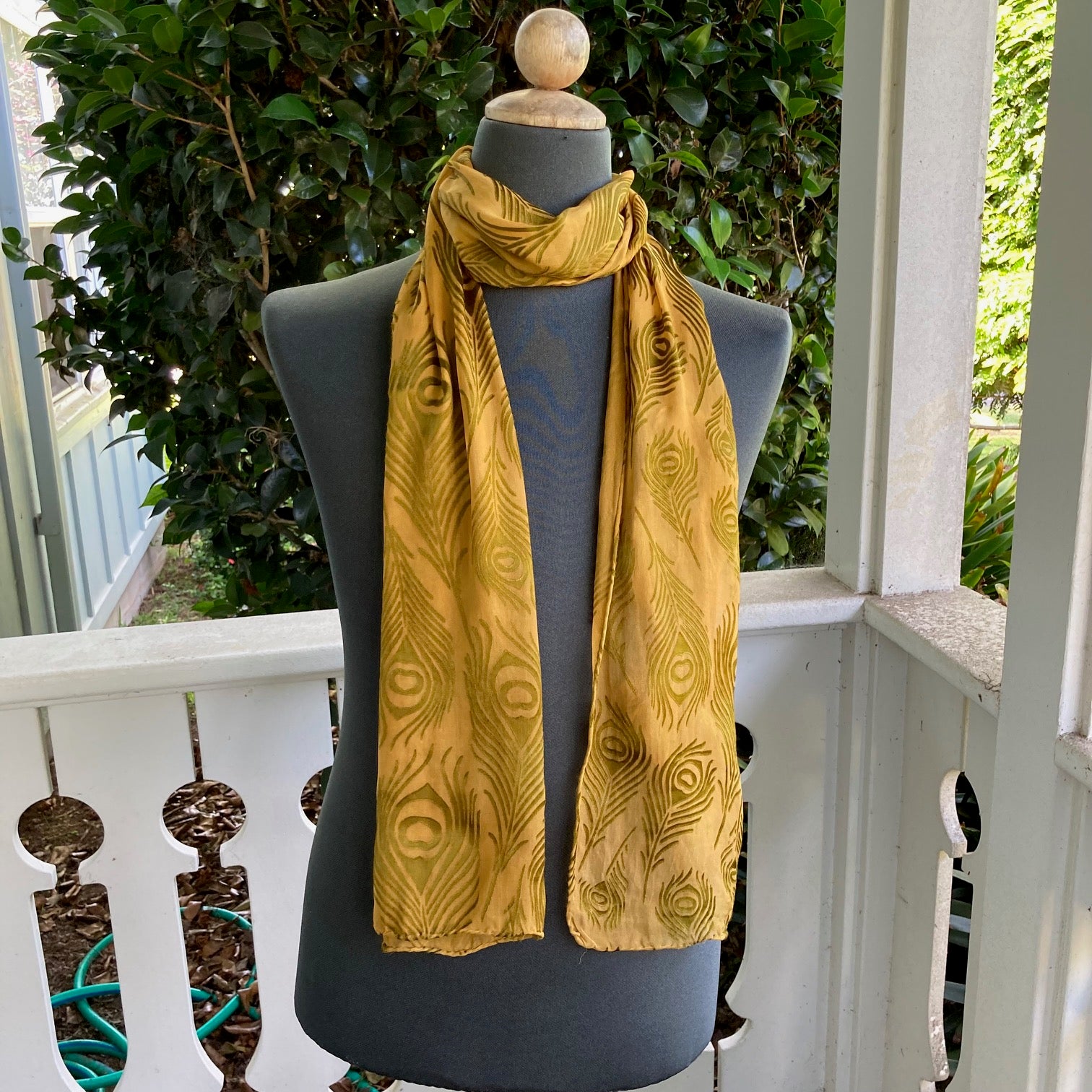 Devore Silk & Rayon Scarf in Moss and Gold in a Peacockk Design