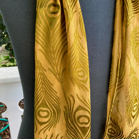 Devore Silk & Rayon Scarf in Moss and Gold in a Peacockk Design
