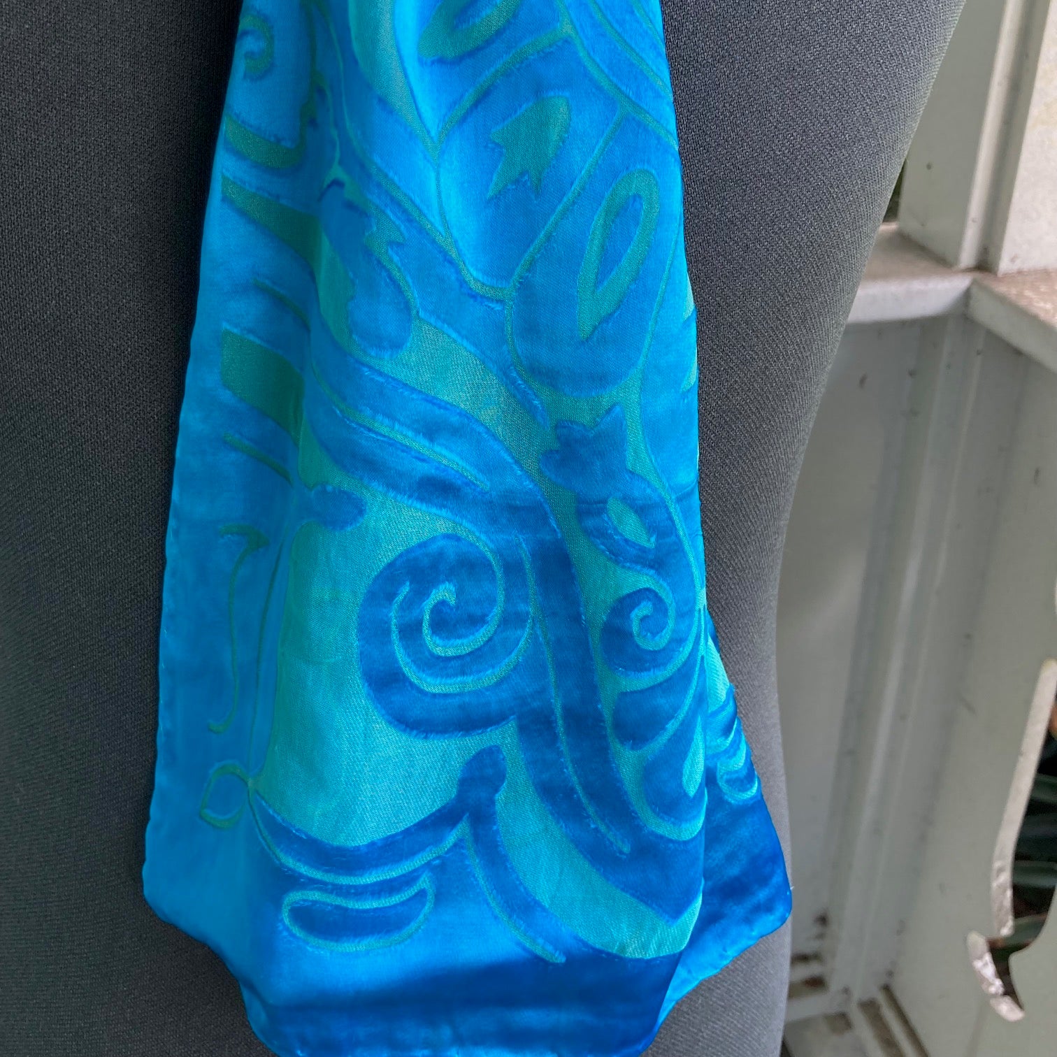 Devore Silk & Rayon Scarf in Turquoise in the Art Deco Design