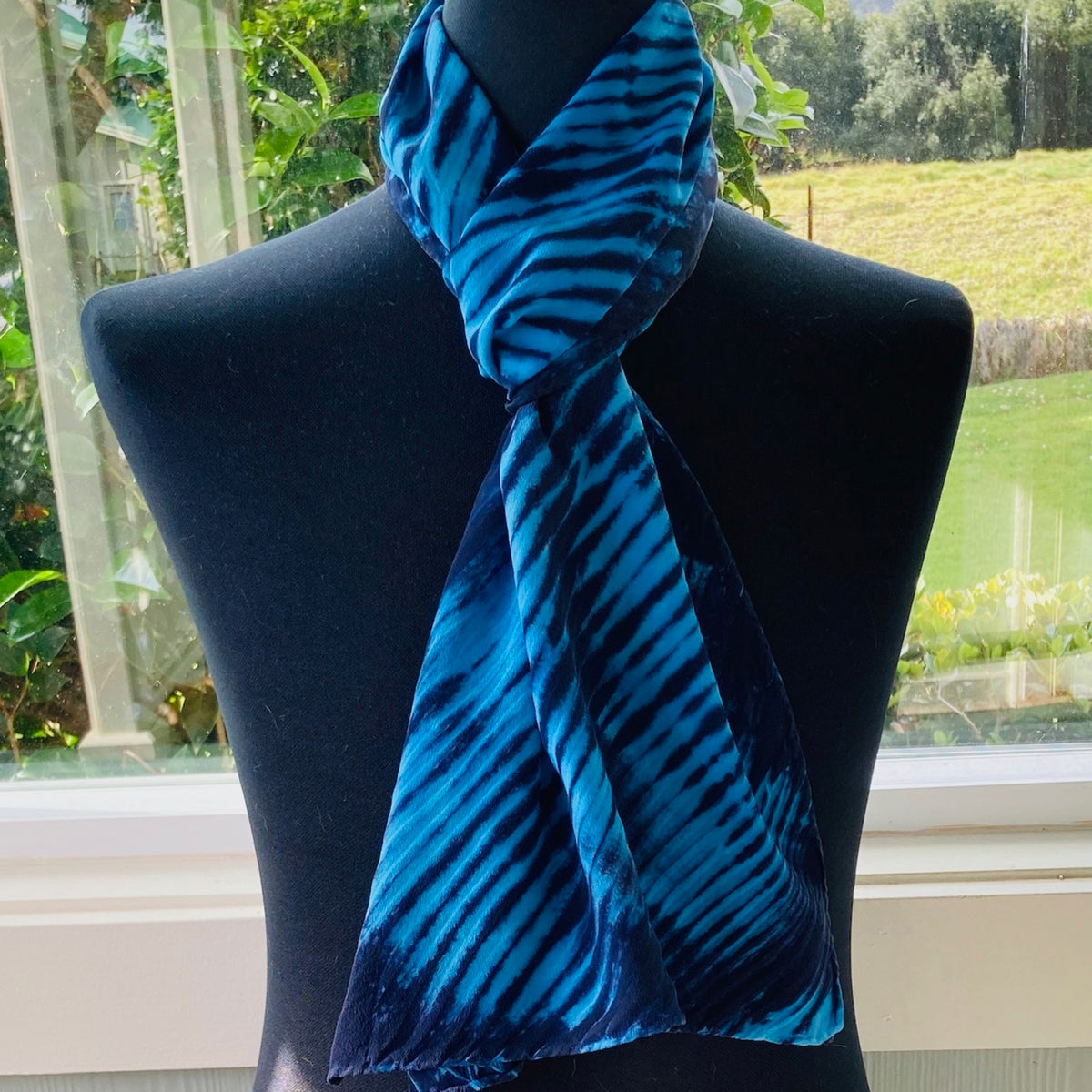 Silk Shibori Scarf in Turquoise Blue and Black