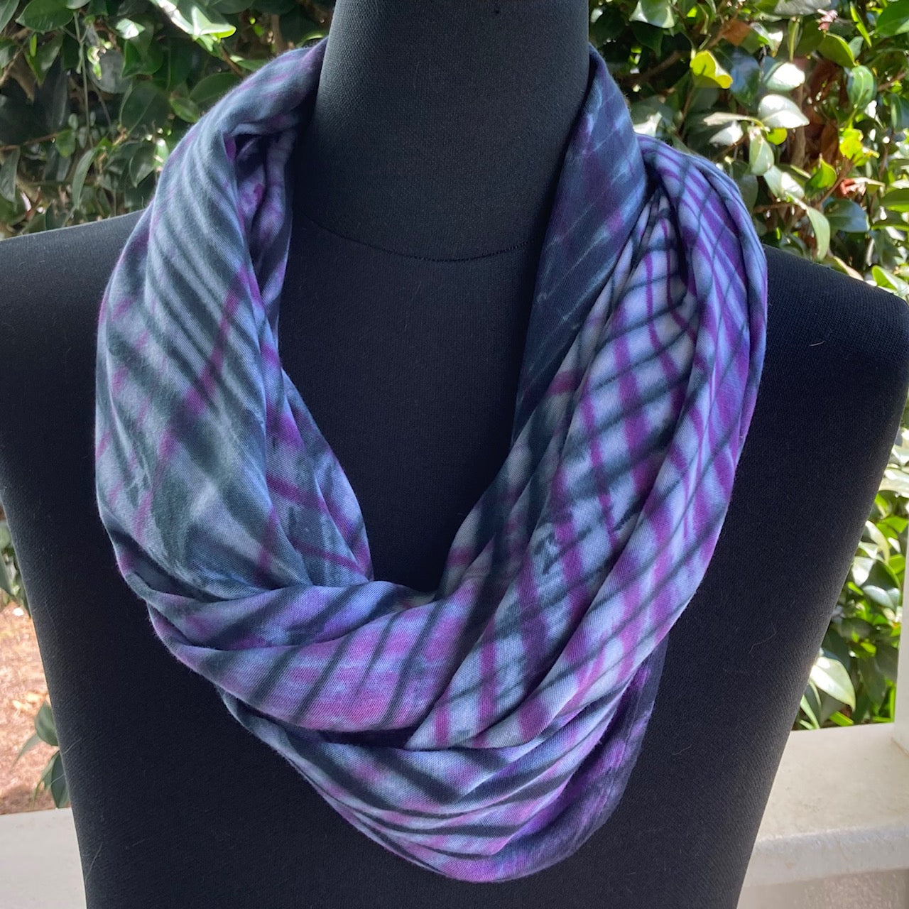 Shibori Rayon Infinity Scarf in Blue and Orchid