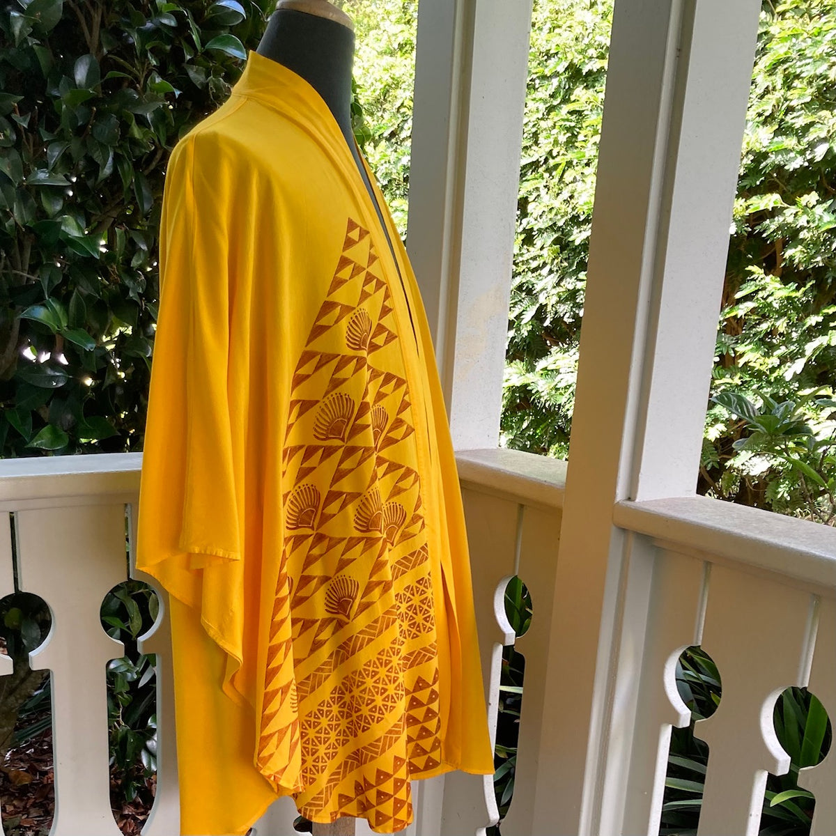 Ohe Kapala Kimono Wrap (KiWrap) In Golden Yellow Stamped with the Mauna and the Lehua Flower
