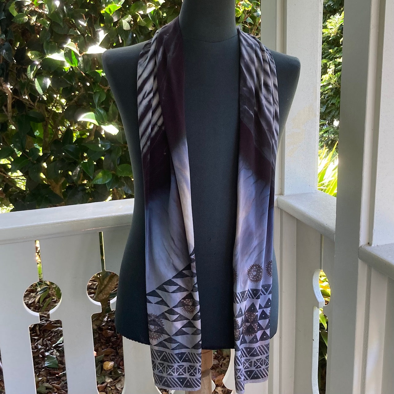 Fusion (Ohe Kapala + Shibori) Rayon Scarf in Black and Cream with the Wana (B)