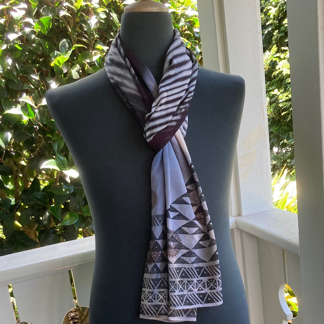 Fusion (Ohe Kapala + Shibori) Rayon Scarf in Black and Cream with the Wana (B)