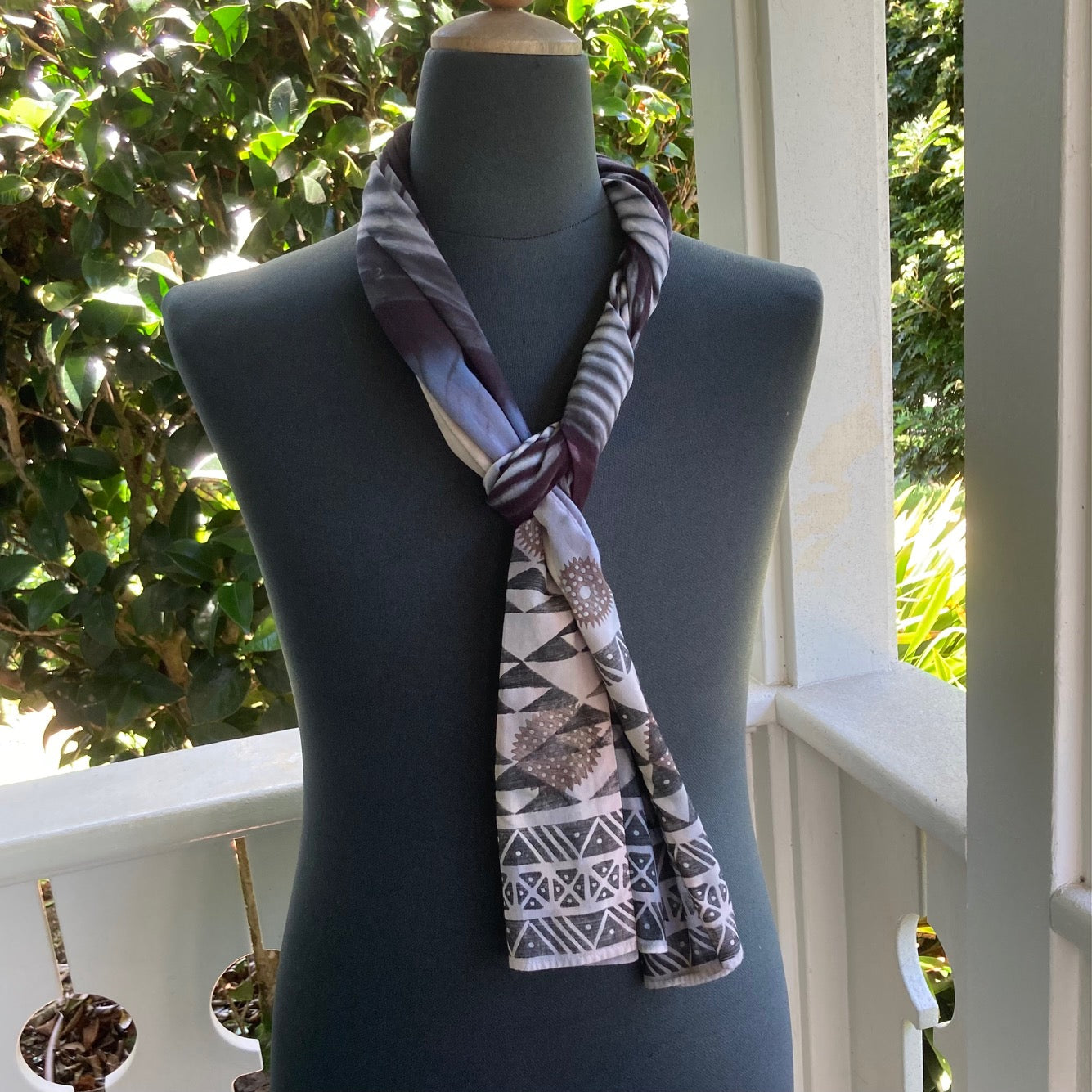 Fusion (Ohe Kapala + Shibori) Rayon Scarf in Black and Cream with the Wana (B)